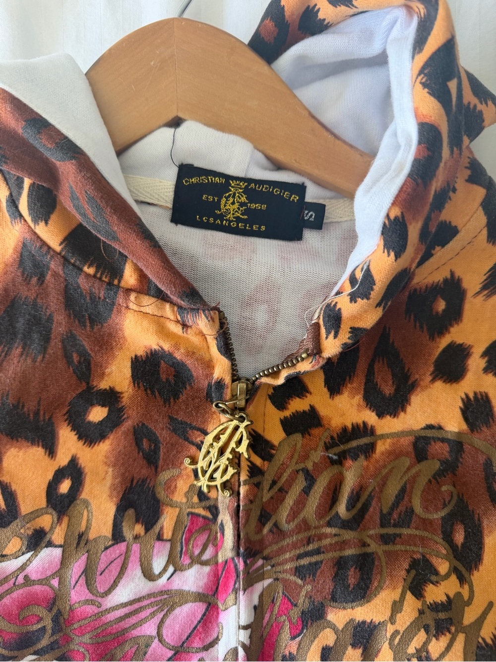 Christian Audigier Orange and Black Leopard Print Zip Hoodie